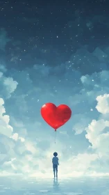 Solitary Figure with Crimson Heart-Shaped Balloon Ascending into Clouded Stratosphere.