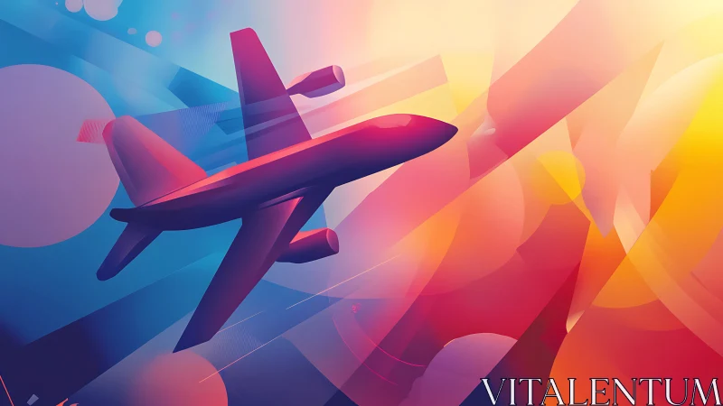 Digital painting of jetliner in prismatic gradient flight space.