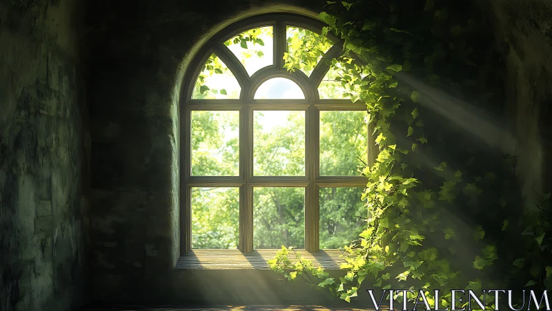 Sunlit ivy climbs old arched window in quiet stone room