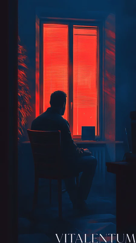 Cinematic digital painting of man in chair facing neon window.