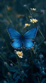 Bright blue butterfly resting on small yellow wildflowers.