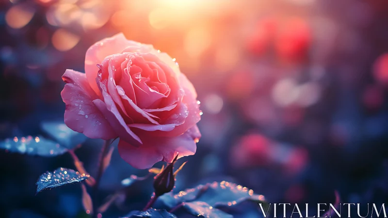 Pink rose glistens with morning dewdrops in magical light