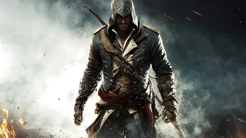 Hooded rogue in layered leather armor advances through burning smoke