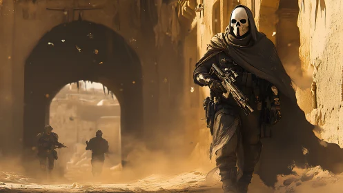 Masked special ops soldier advances through burning desert ruin