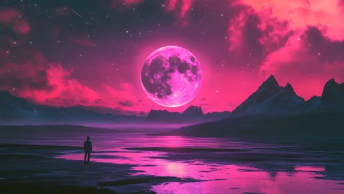 Magenta lunar horizon dominates neon-lit alien seascape