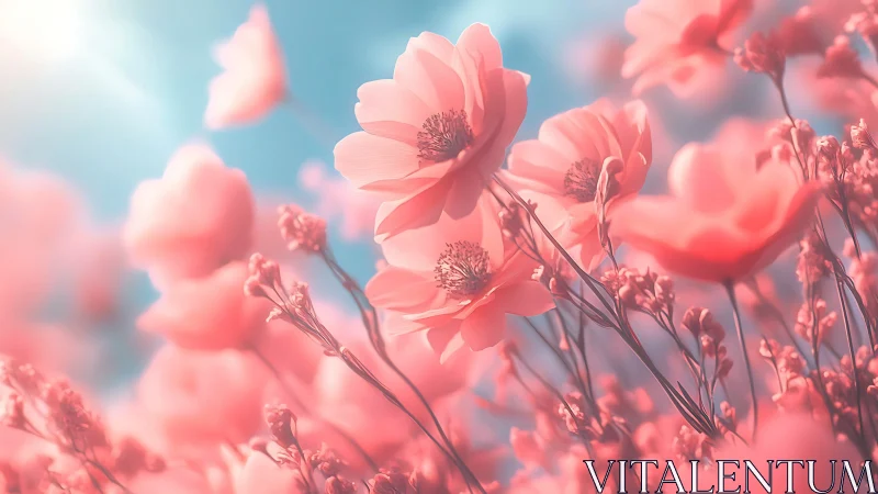 Pink Cosmos Flowers Against Azure Sky.