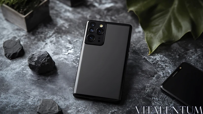 Premium Smartphone Displayed Against Textured Stone With Natural Foliage Elements