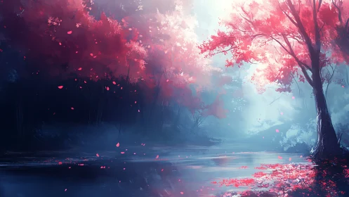 Crimson forest river under ethereal blue morning light.