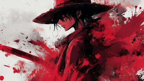 Swordsman silhouette stands in red splatter abstract field