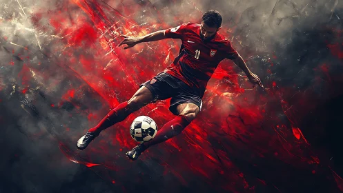 Dynamic football striker in midair volley, red abstract smoke