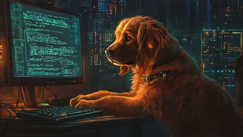 Curious golden dog calmly codes in a neon city workspace