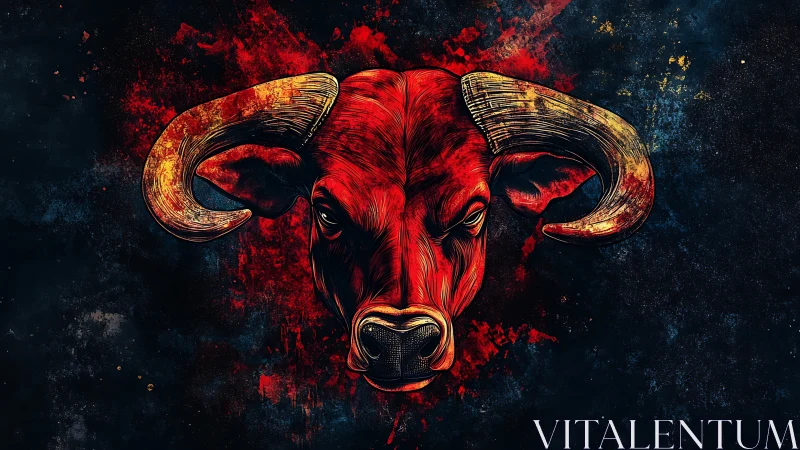 Fierce red bull portrait glowing against midnight splashes.