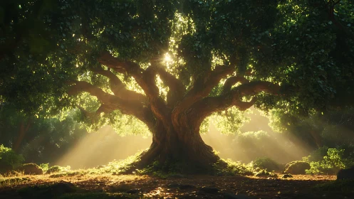 Majestic Ancient Tree in Sunlit Forest, Realistic Nature Scene.