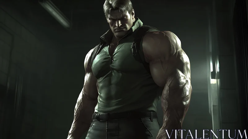 Hyperreal tactical brute in low key industrial corridor.