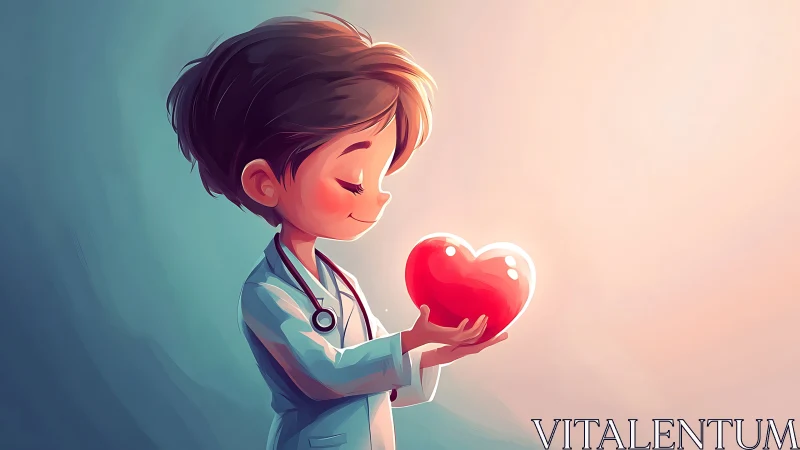 Compassionate Doctor Holding Red Heart Against Gradient Sky