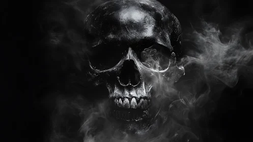 Black skull emerging through swirling smoke on black background.