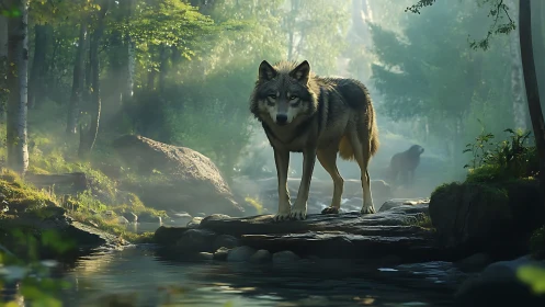 Silent river sentinel: lone wolf holding court in misty woods.