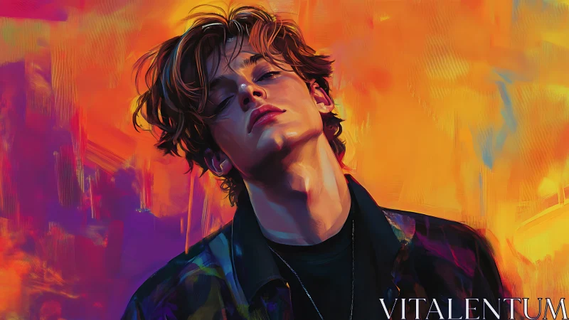 Moody sunset portrait wrapped in fiery electric color storm.