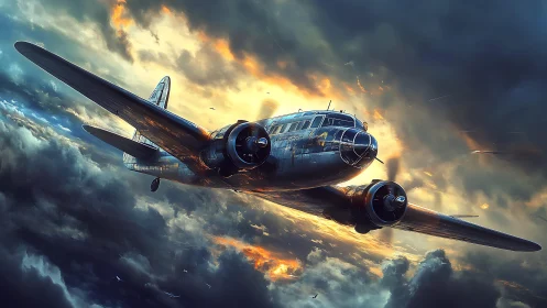 Vintage twin‑engine plane glows in stormy sunset skies.