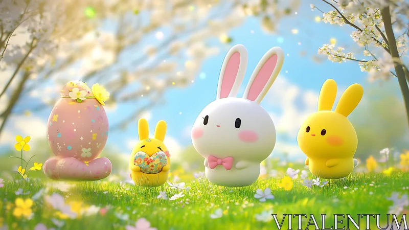 Pastel bunny characters in spring meadow under blossoms.