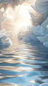 Soft glowing cavern opens onto a serene reflective waterway