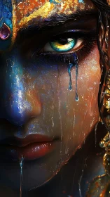 Iridescent painted face sheds liquid tears in close focus