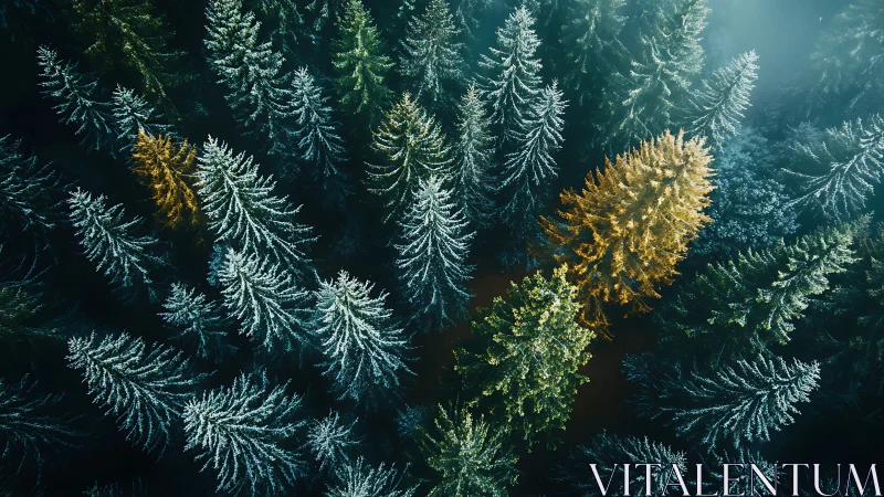 Frost kissed evergreens circling quiet golden forest secrets.