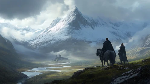 Travelers on horseback entering a misty mountain valley.