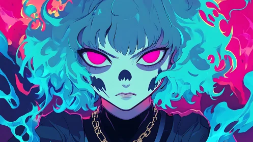 Neon spectral portrait renders cyan flames and magenta gaze