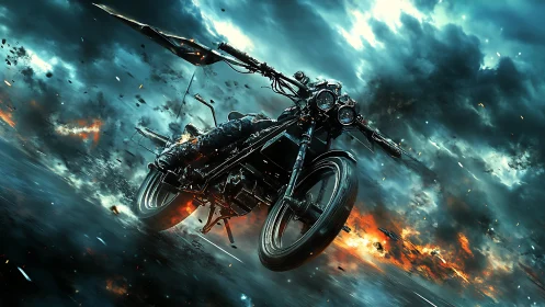 Futuristic combat motorcycle accelerates through explosive storm field