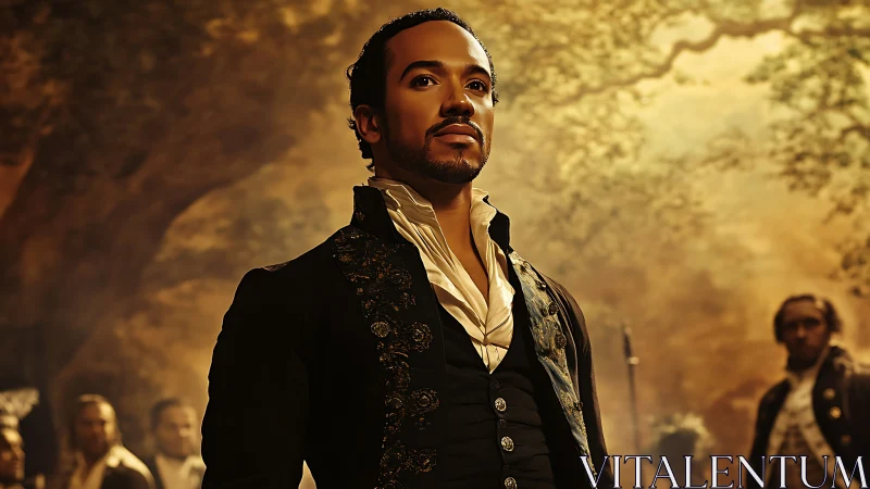 Regal period portrait of confident man in ornate dark coat