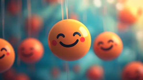 Cheerful Smile Balloons Floating in Soft Focus, Vibrant Colors.