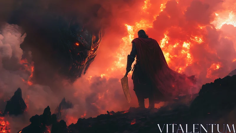 Volcanic confrontation with demonic fire entity in cinematic detail.