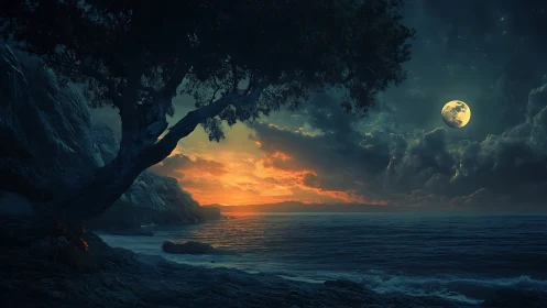 Coastal shoreline under moonlit sky and distant sunset glow.