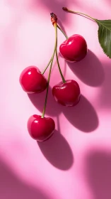 Sunlit cherries rest playfully on a soft pink backdrop