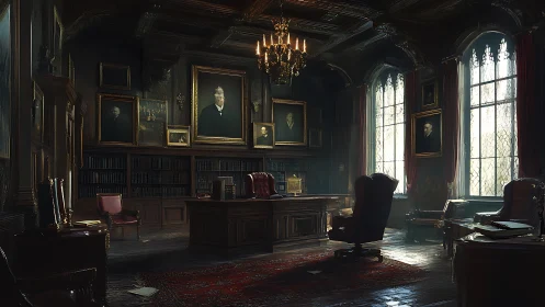 Dimly lit Victorian library office under grand portraits.
