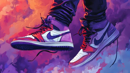Sneakers drift like neon comets through a painted twilight sky