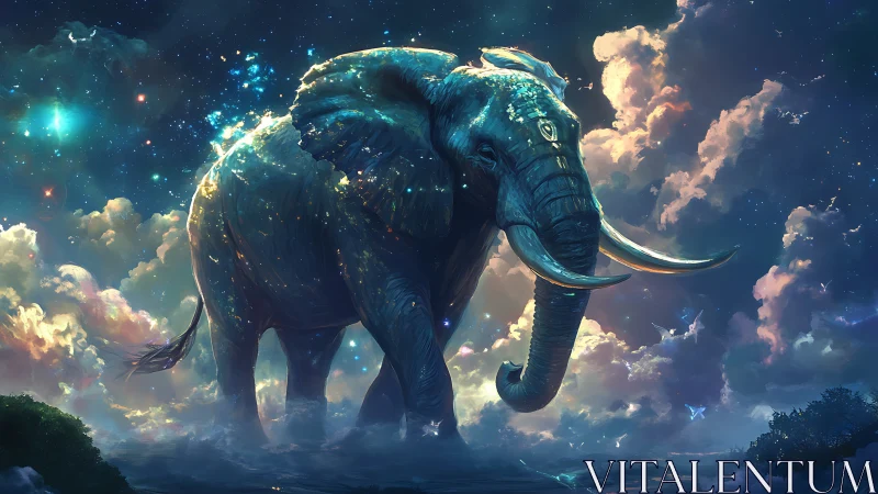 Celestial elephant striding through luminous cosmic clouds.