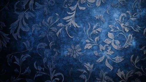 Dark blue floral damask wallpaper shows textured baroque pattern