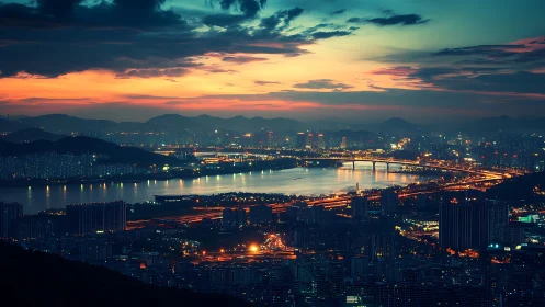 High-rise riverfront metropolis at dusk with illuminated bridge
