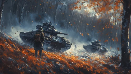 Soldier watches tanks advance through smoky autumn forest