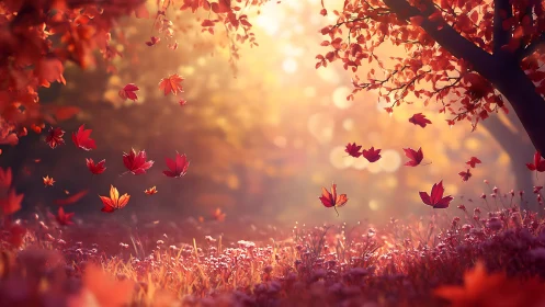 Golden autumn leaves dancing in gentle evening light.