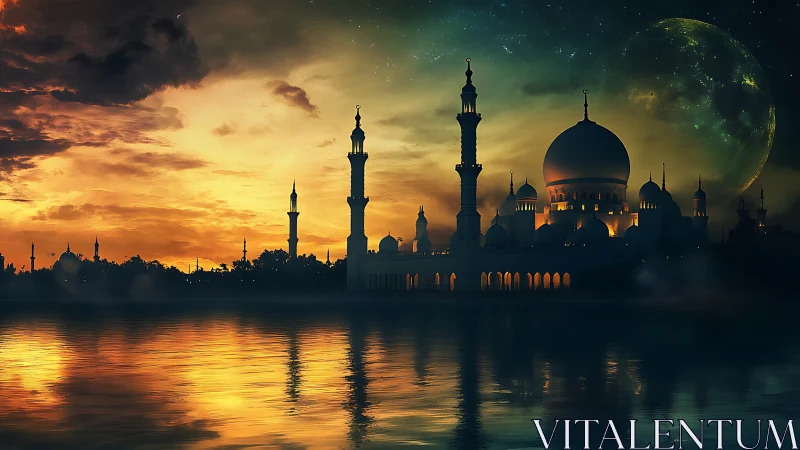 Dreamlit mosque by the water under a glowing twin sky.