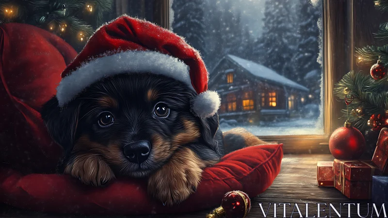 Puppy in Santa hat lies indoors near window with snowy cabin