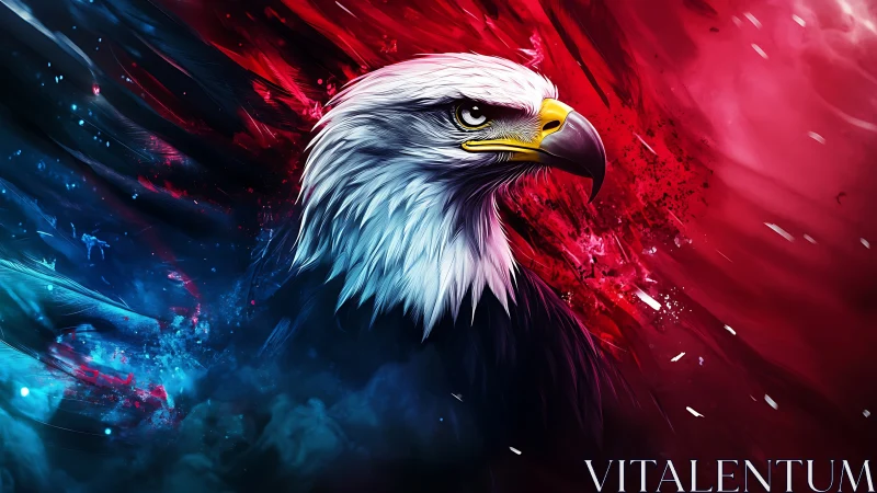 Hyperreal bald eagle portrait in dynamic red blue plasma field