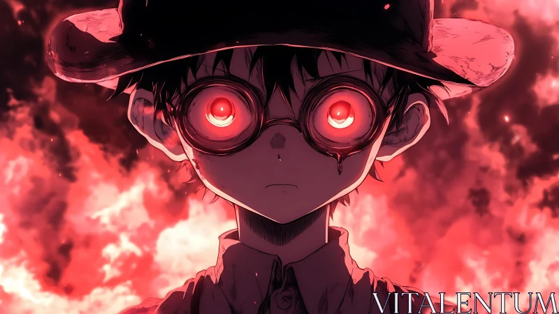 Boy with glowing goggles stands before burning crimson sky