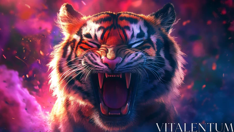 Neon lit roaring tiger portrait with cinematic bokeh haze