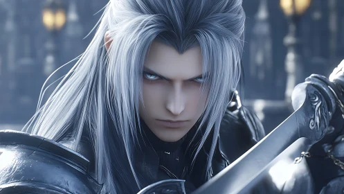 Silver-haired tactical swordsman in high-fidelity armor closeup.