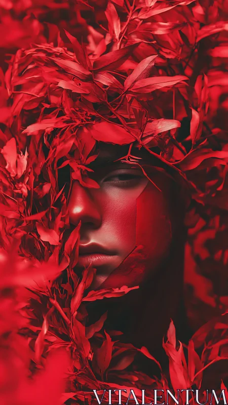 Monochrome red portrait intertwines human face and dense foliage