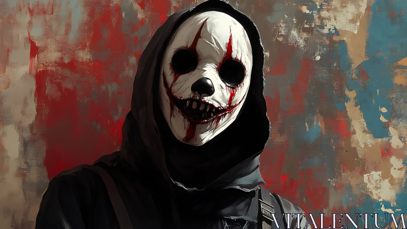 Hooded skull mask portrait with smeared chromatic backdrop.